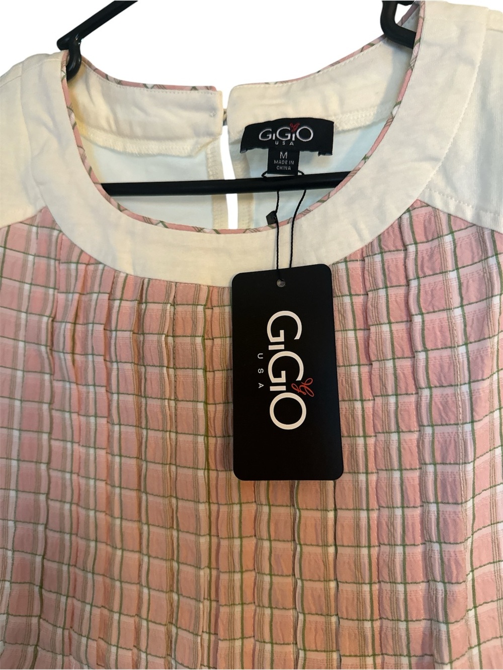 NWT! Gigio Pink Plaid SS Top w/Cream Yoke-Sz M - Picture 2 of 5